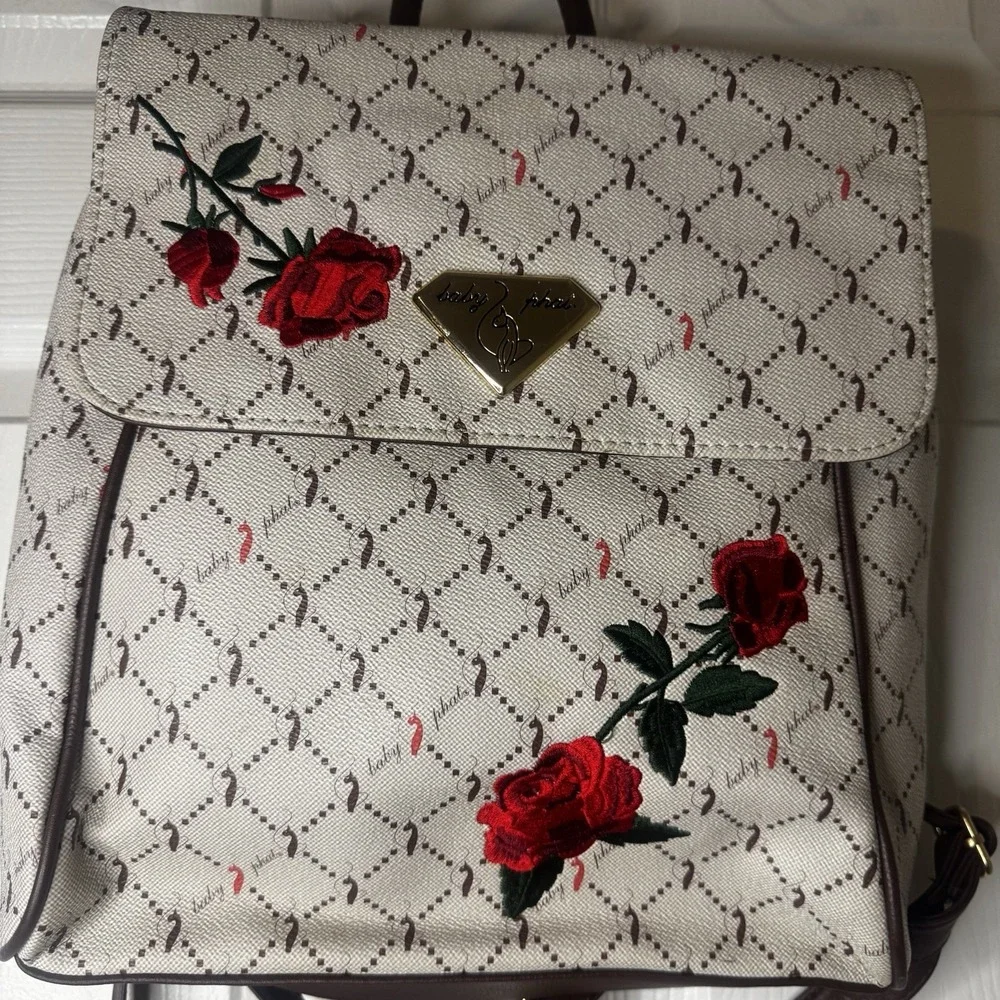 Baby Phat Y2K Embroidered Rose Floral Backpack Cream Brown Logo Print Bag